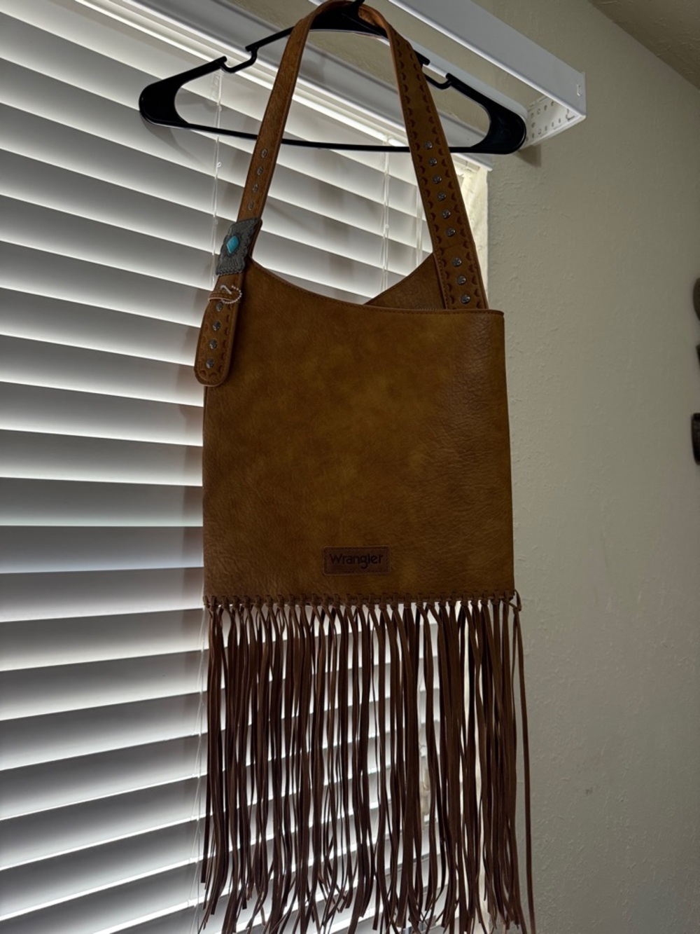 Wrangler Tan Fringe Shoulder Bag with Turquoise Accent